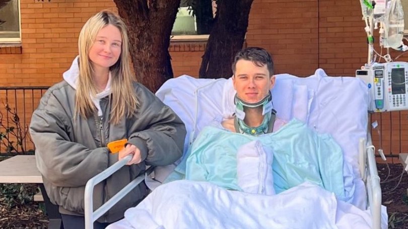 Tom Prebble pictured after his major spinal surgery.