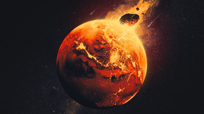 An illustration shows a giant asteroid striking Mars 4.5 billion years ago.