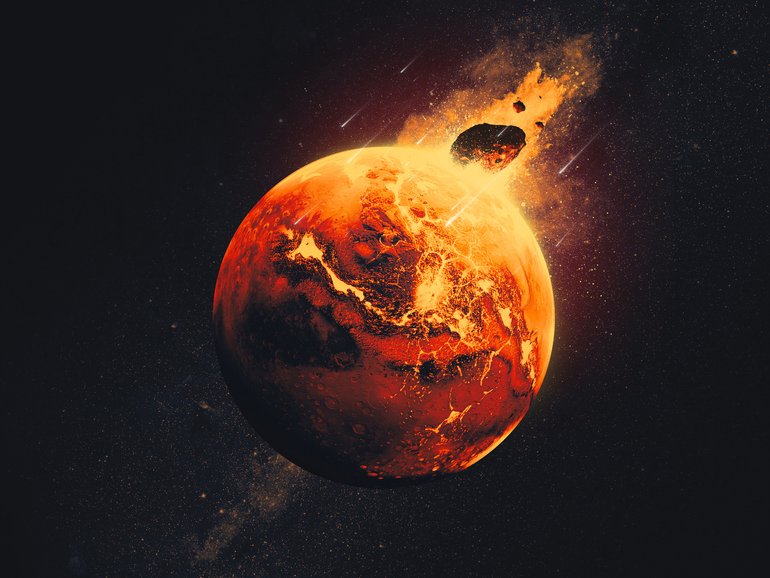 An illustration shows a giant asteroid striking Mars 4.5 billion years ago.