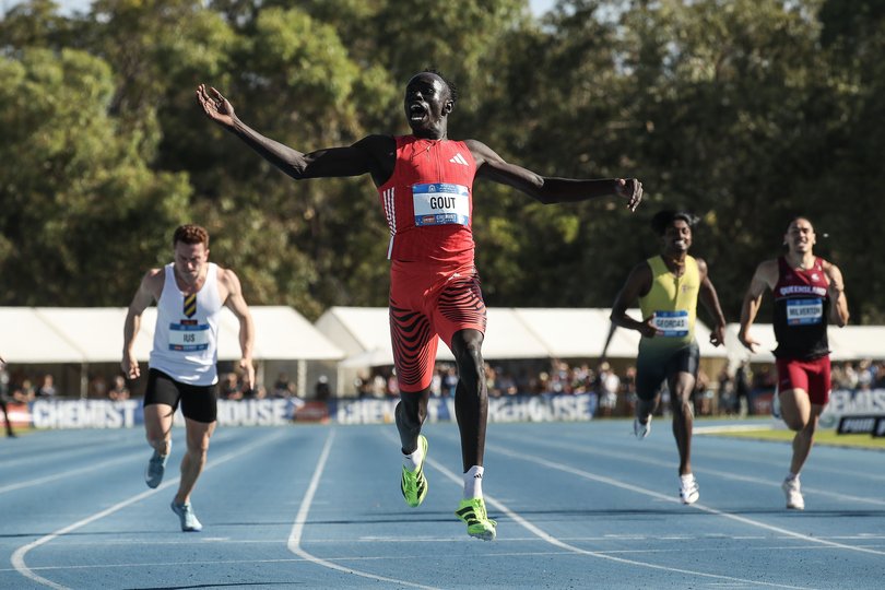 Gout Gout wins the mens 200m sprint at the Australian Athletics Championships.