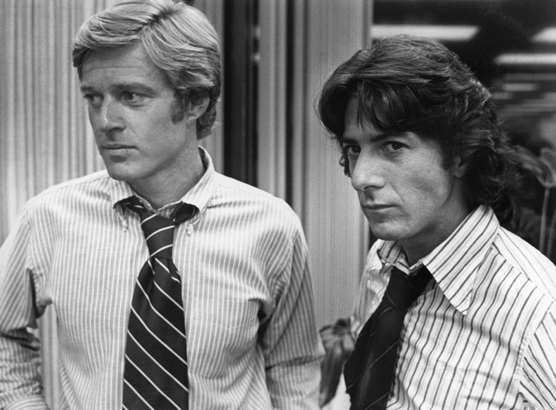 Robert Redford and Dustin Hoffman as Washington Post reporters Bob Woodward and Carl Bernstein from the 1976 Watergate drama All the President's Men.