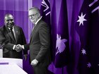 Australian Prime Minister Anthony Albanese shakes hands with Papua New Guinea's Prime Minister James Marape.