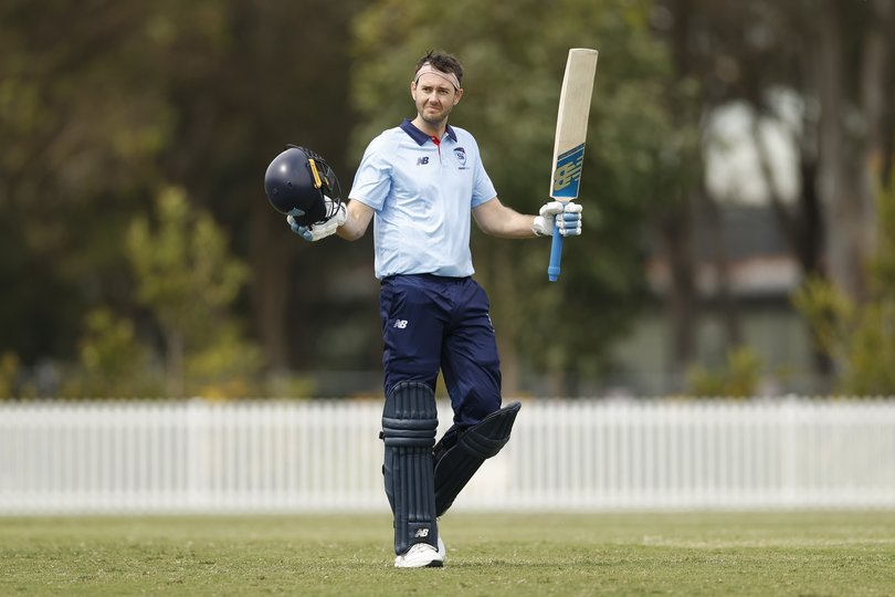 SYDNEY, AUSTRALIA - SEPTEMBER 16: Kurtis Patterson of the Blues raises his bat after scoring 100 runs during the One Day Cup match between New South Wales and Tasmania at Cricket Central, on September 16, 2025, in Sydney, Australia. (Photo by Darrian Traynor/Getty Images)