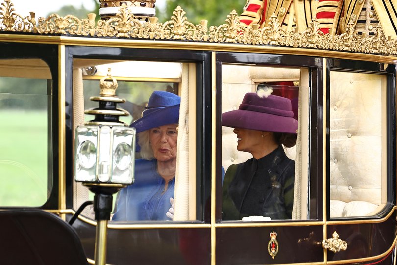 Queen Camilla and US First Lady Melania Trump travel in The Scottish State Coach.