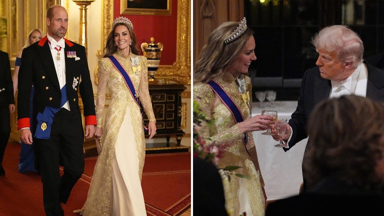 The Princess of Wales shone in a champagne gold evening coat and silk crepe gown at the state banquet for Donald Trump,