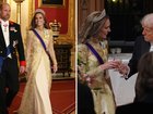 The Princess of Wales shone in a champagne gold evening coat and silk crepe gown at the state banquet for Donald Trump,