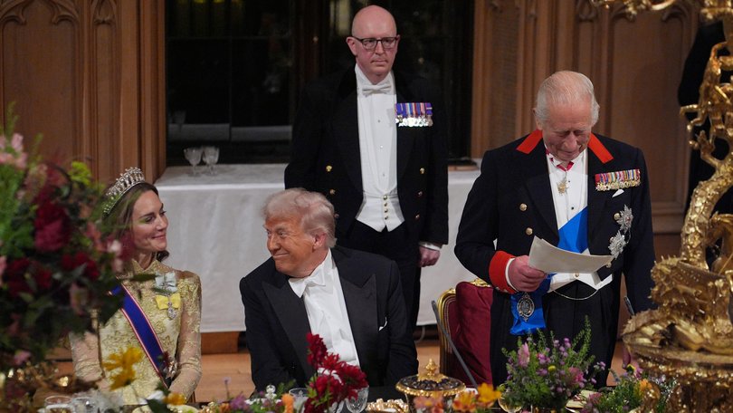 King Charles III delivers his speech as US President Donald Trump and Catherine, Princess of Wales listen during the State Banquet at Windsor Castle on September 17, 2025.