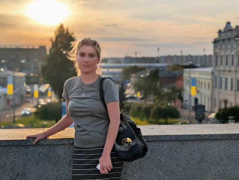 Imogen Payter pictured in Kharkiv, Ukraine, 30 kilometres from the Russian border, where she is sanctioned by the Kremlin.
