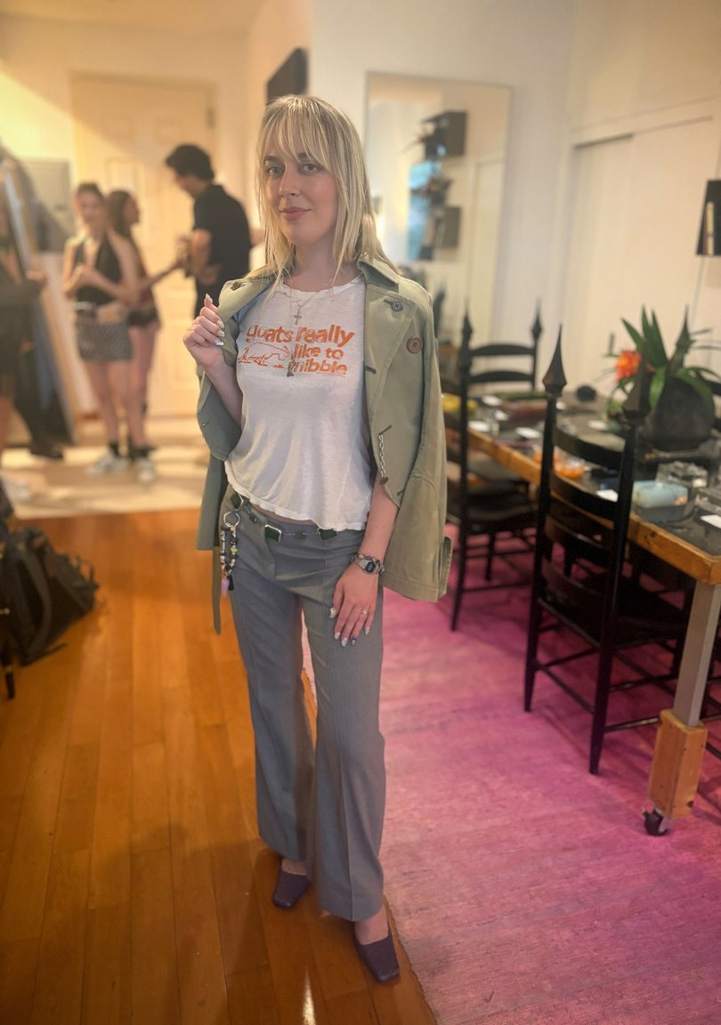 Patricia Torvalds in her beloved American Eagle goat T-shirt at a Mia Vesper event.