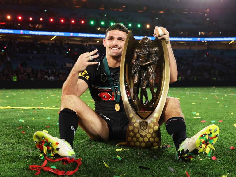 Penrith halfback Nathan Cleary celebrates another premiership win. Getty