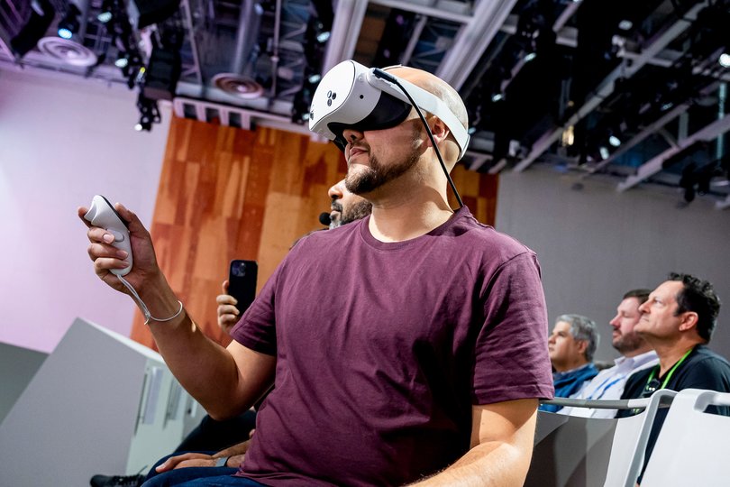 An attendee wears a Quest 3s virtual reality headset during the Meta Connect event in
California on September 25, 2024.