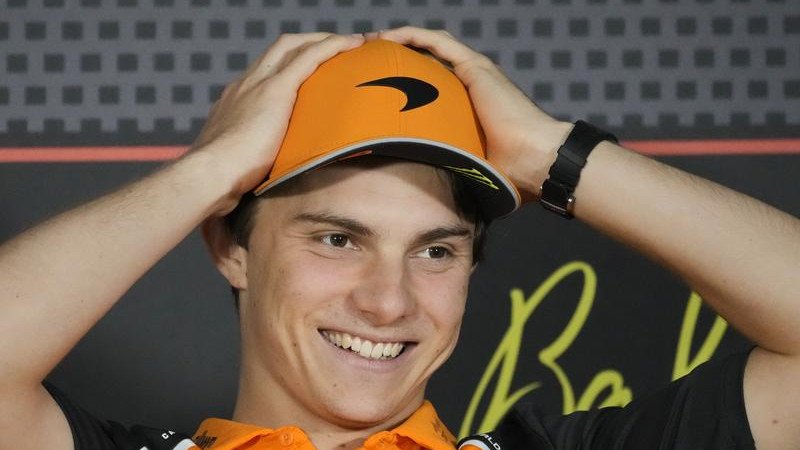 Oscar Piastri was all smiles as he was asked in Baku about the place-swap controversy at Monza. (AP PHOTO)