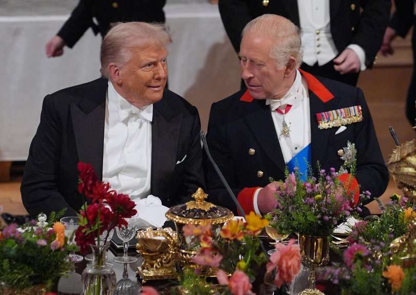US President Donald Trump and King Charles III during a State Banquet at Windsor Castle.