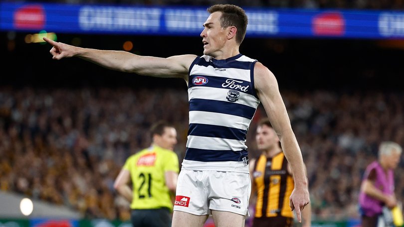 Jeremy Cameron of the Cats celebrates a goal during the AFL Second Preliminary Final.