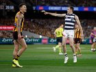 Jeremy Cameron of the Cats celebrates a goal during the AFL Second Preliminary Final.
