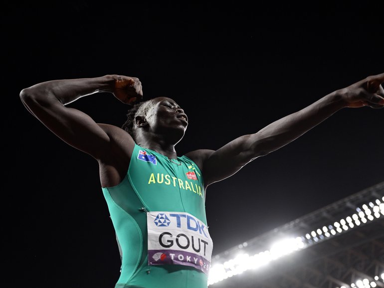 Gout Gout of Team Australia poses for a photo.