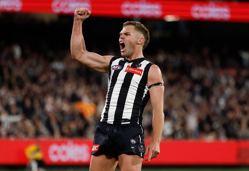 MELBOURNE, AUSTRALIA - SEPTEMBER 20: Dan Houston of the Magpies celebrates a goal during the AFL First Preliminary Final match between the Collingwood Magpies and the Brisbane Lions at the Melbourne Cricket Ground on September 20, 2025 in Melbourne, Australia. (Photo by Michael Willson/AFL Photos)