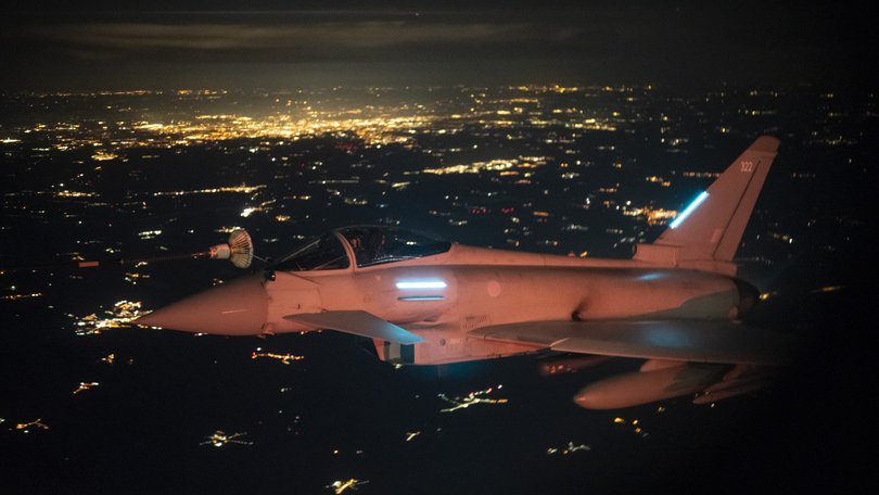 A Royal Air Force FGR4 Typhoon armed with ASRAAM air-to-air missiles during the first Royal Air Force "Eastern Sentry" deployment over Poland, 70 miles from the Belarusian border.