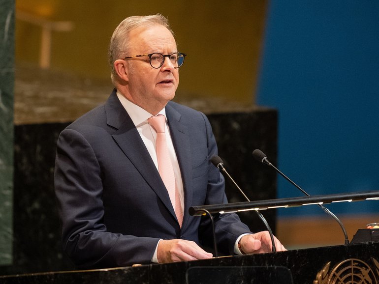 Prime Minister Anthony Albanese speaks at the United Nations (UN) headquarters in New York.