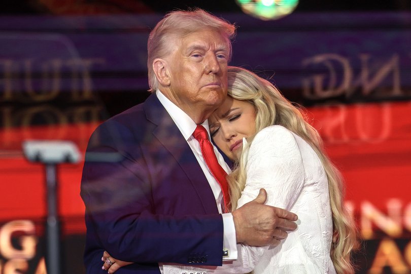 Donald Trump attended conservative commentator Charlie Kirk’s funeral on Monday, pictured above hugging Kirk’s widow.