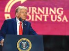 US President Donald Trump speaks during the memorial service for political activist Charlie Kirk.