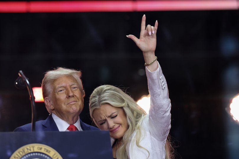 Erika Kirk seen doing sign language for ‘I love you’ as she joins US President Donald Trump onstage.