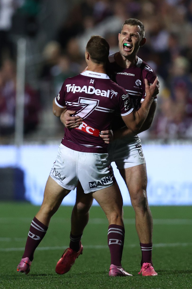 Daly Cherry-Evans celebrates with Tom Trbojevic during their last game together.