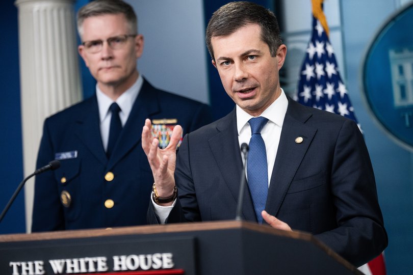 Then-Secretary of Transportation Pete Buttigieg speaking from the White House in 2024.