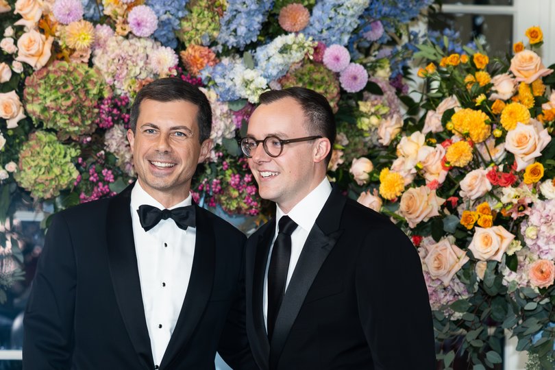 Pete Buttigieg and his husband Chasten at a state dinner in honour of Australian Prime Minister Anthony Albanese at the White House in 2023.