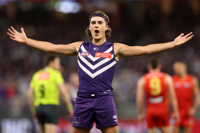 PERTH, AUSTRALIA - SEPTEMBER 06: Murphy Reid of the Dockers celebrates a goal during the AFL Elimination Final match between Fremantle Dockers and Gold Coast Suns at Optus Stadium on September 06, 2025 in Perth, Australia. (Photo by Janelle St Pierre/AFL Photos)
