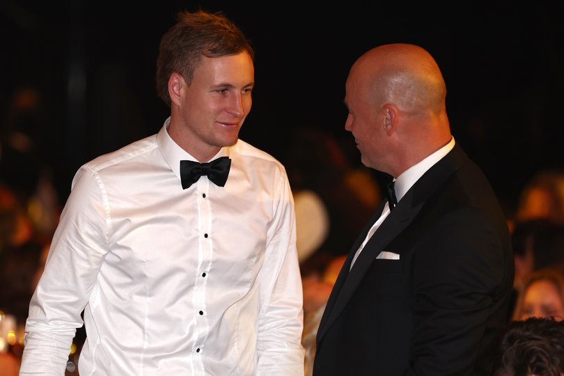 Jordan Dawson of the Crows and Matthew Nicks, Senior Coach of the Crows.
