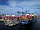 The HMM Garnet container ship at the Port of Long Beach in Long Beach, California, US, on Thursday, Aug. 28, 2025. 