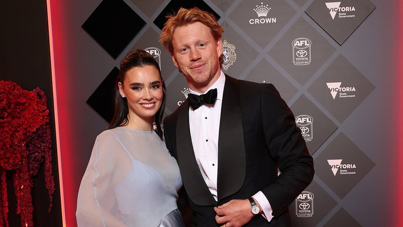 Callum Mills of the Swans and wife Tiffany Mills arrive at the 2025 Brownlow Medal on September 22 in Melbourne.