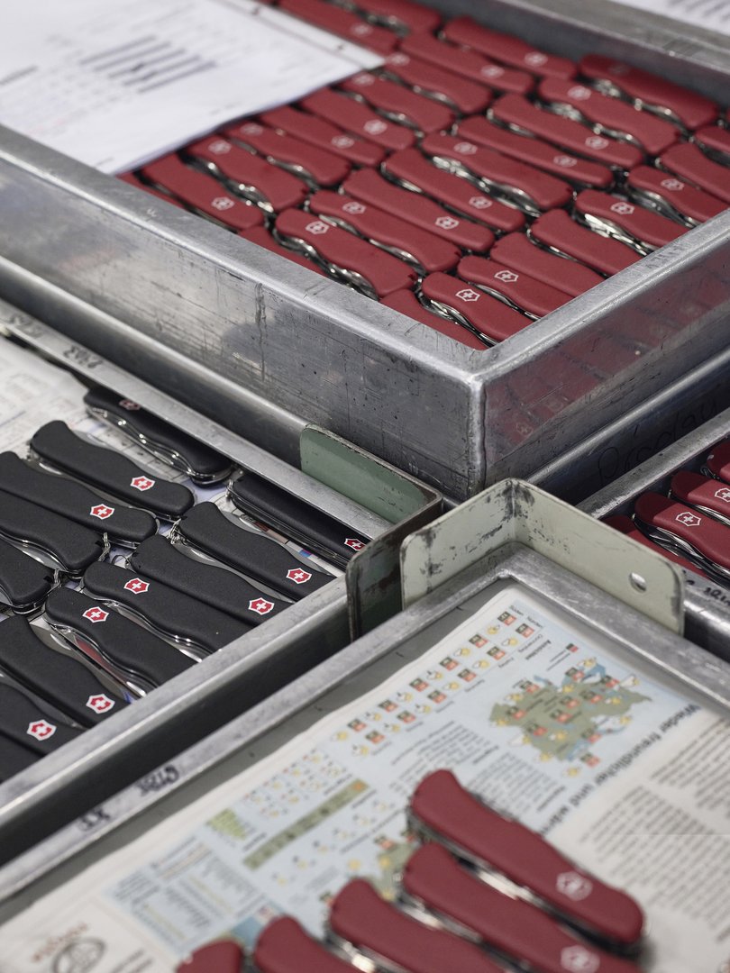 Finished Swiss Army knives at Victorinox’s factory in Ibach-Schwyz, Switzerland.