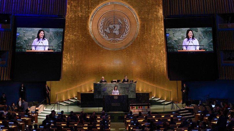 President of the 80th session of the United Nations General Assembly Annalena Baerbock speaks during a high-level United Nations General Assembly meeting.