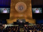 President of the 80th session of the United Nations General Assembly Annalena Baerbock speaks during a high-level United Nations General Assembly meeting.