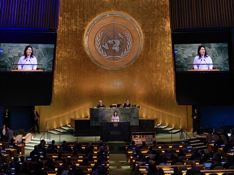 President of the 80th session of the United Nations General Assembly Annalena Baerbock speaks during a high-level United Nations General Assembly meeting.