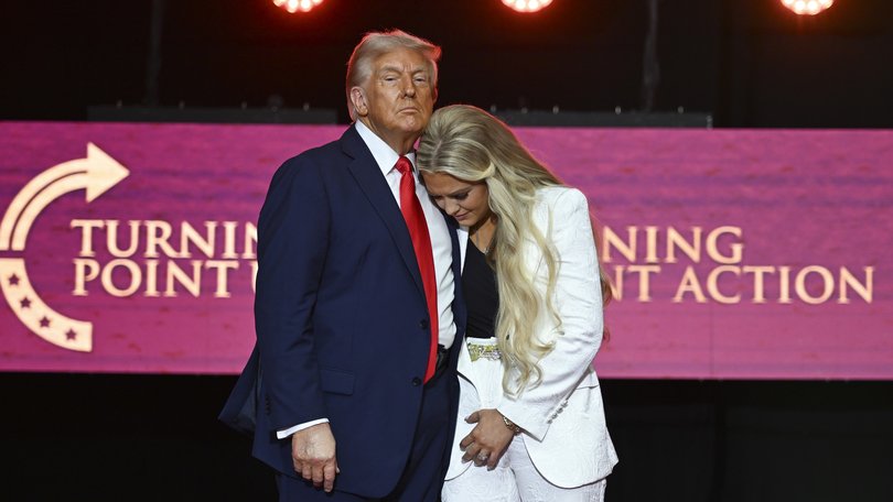 President Donald Trump with Erika Kirk, widow of Charlie Kirk and the new CEO of Turning Point USA, onstage during the memorial for her late husband on Sept 21, 2025