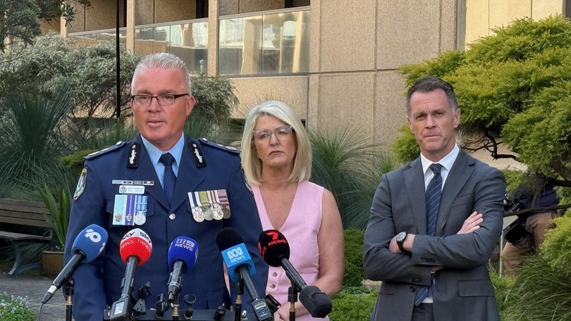 Newly appointed NSW Police Commissioner Mal Lanyon with Police Minister KYasmin Catley and Premier Chris Minns at NSW Parliament in Sydney. Picture: NewsWire / Gaye Gerard