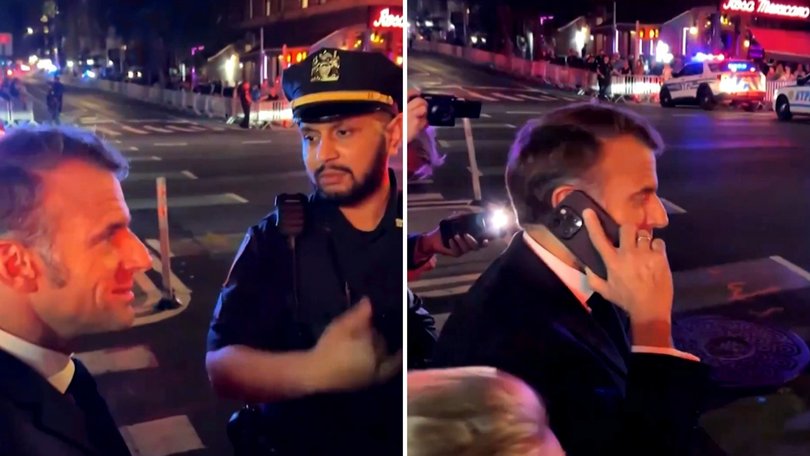 Stuck at a barricade during Donald Trump’s motorcade, French President Emmanuel Macron phoned the US President with the moment all caught on video.