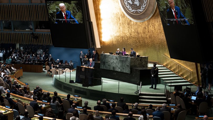 President Donald Trump addresses the 80th session of the United Nations General Assembly at United Nations headquarters.