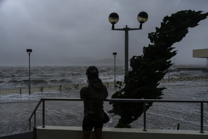 Strong waves crash against the waterfront in Heng Fa Chuen area as Super Typhoon Ragasa approaches in Hong Kong, Wednesday, Sept. 24, 2025. 