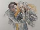 This courtroom sketch shows Ryan Routh trying to stab himself in the neck with a pen.
