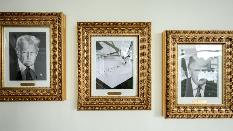 US President Donald Trump unveils wall of presidential portraits, with an autopen standing in for Joe Biden.