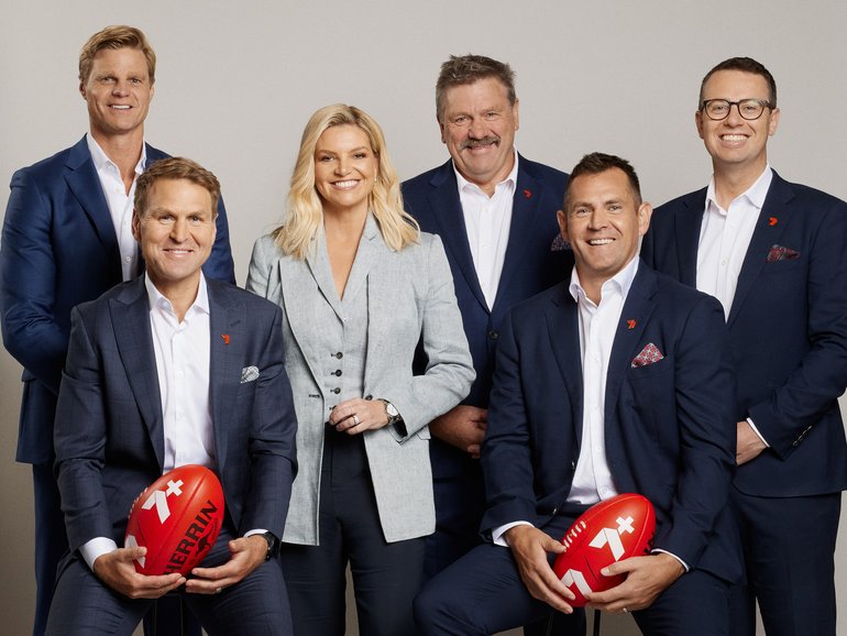 Nick Riewoldt, Kane Cornes, Rebecca Maddern, Brian Taylor, Luke Hodge, and Mitch Cleary lead Seven’s coverage.