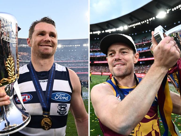 Geelong's Patrick Dangerfield and Brisbane's Lachie Neale go head to head in the 2025 AFL Grand Final. Pic: Joel Carrett, AAP