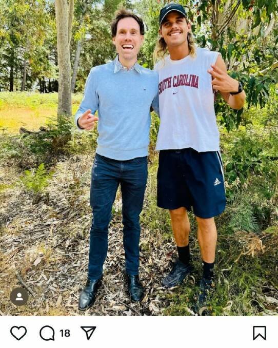 Buyers' advocate John O'Brien from Henning Property celebrates with client Bailey Smith of the Geelong Cats. Photo: Instragram @henningproperty