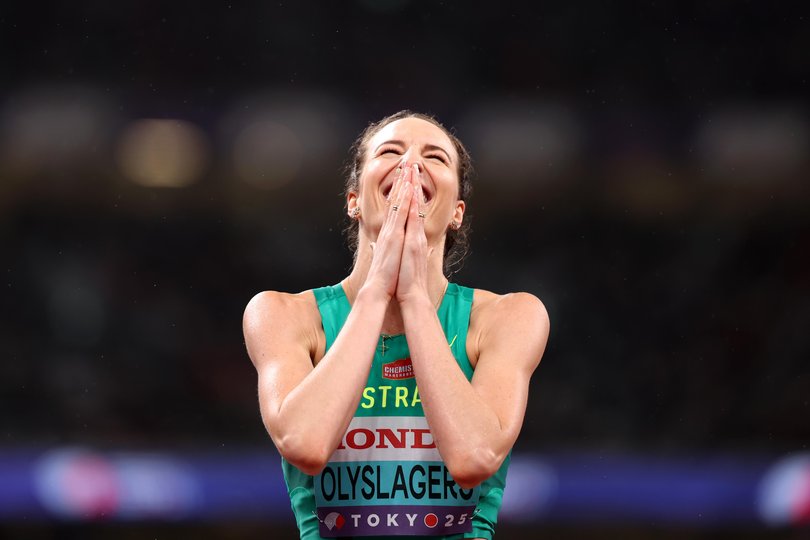 Nicola Olyslagers is overwhelmed after winning gold in the women's high Jump at the World Athletics Championships. 