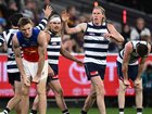 Cat Mark Blicavs (second right) may spend time on Brisbane's Harris Andrews (left) at the MCG.