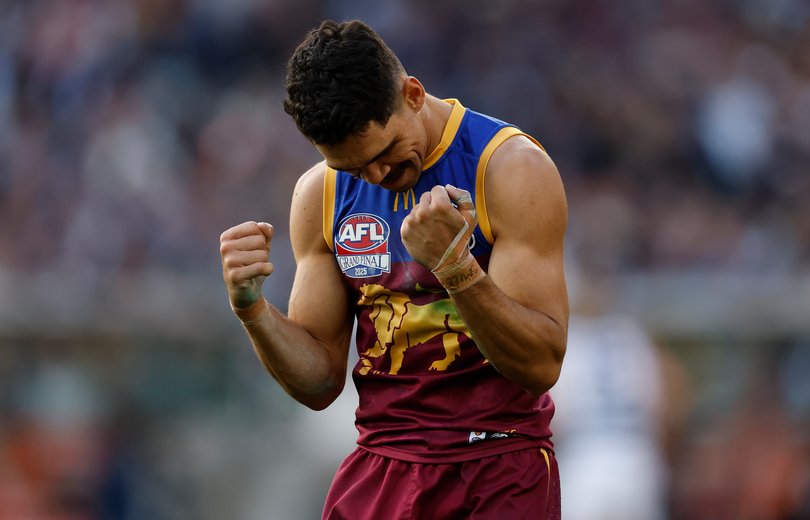 MELBOURNE, AUSTRALIA - SEPTEMBER 27: Charlie Cameron of the Lions celebrates during the AFL Grand Final match between the Geelong Cats and the Brisbane Lions at the Melbourne Cricket Ground on September 27, 2025 in Melbourne, Australia. (Photo by Michael Willson/AFL Photos)